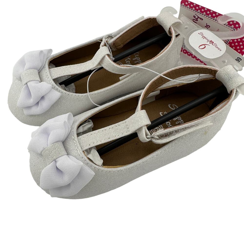Stepping Stones White Sparkle Ankle T-Strap Flats Dress Bow Toddler Size 6 NWT